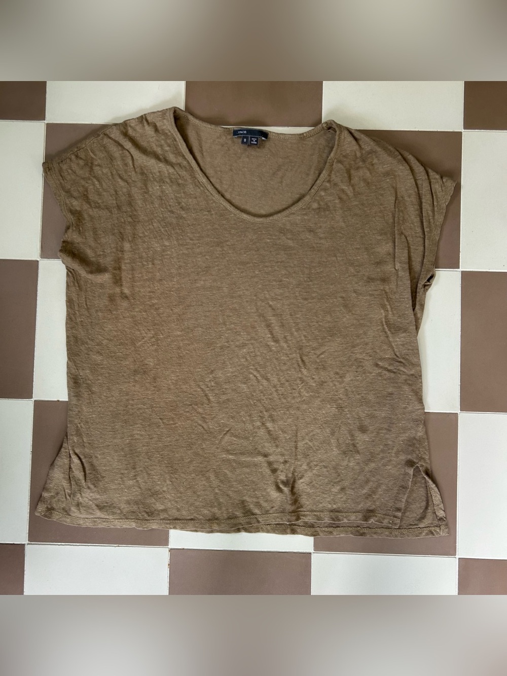 Vince 100% Linen Short Sleeve Scoop Neck Tee Taupe Small